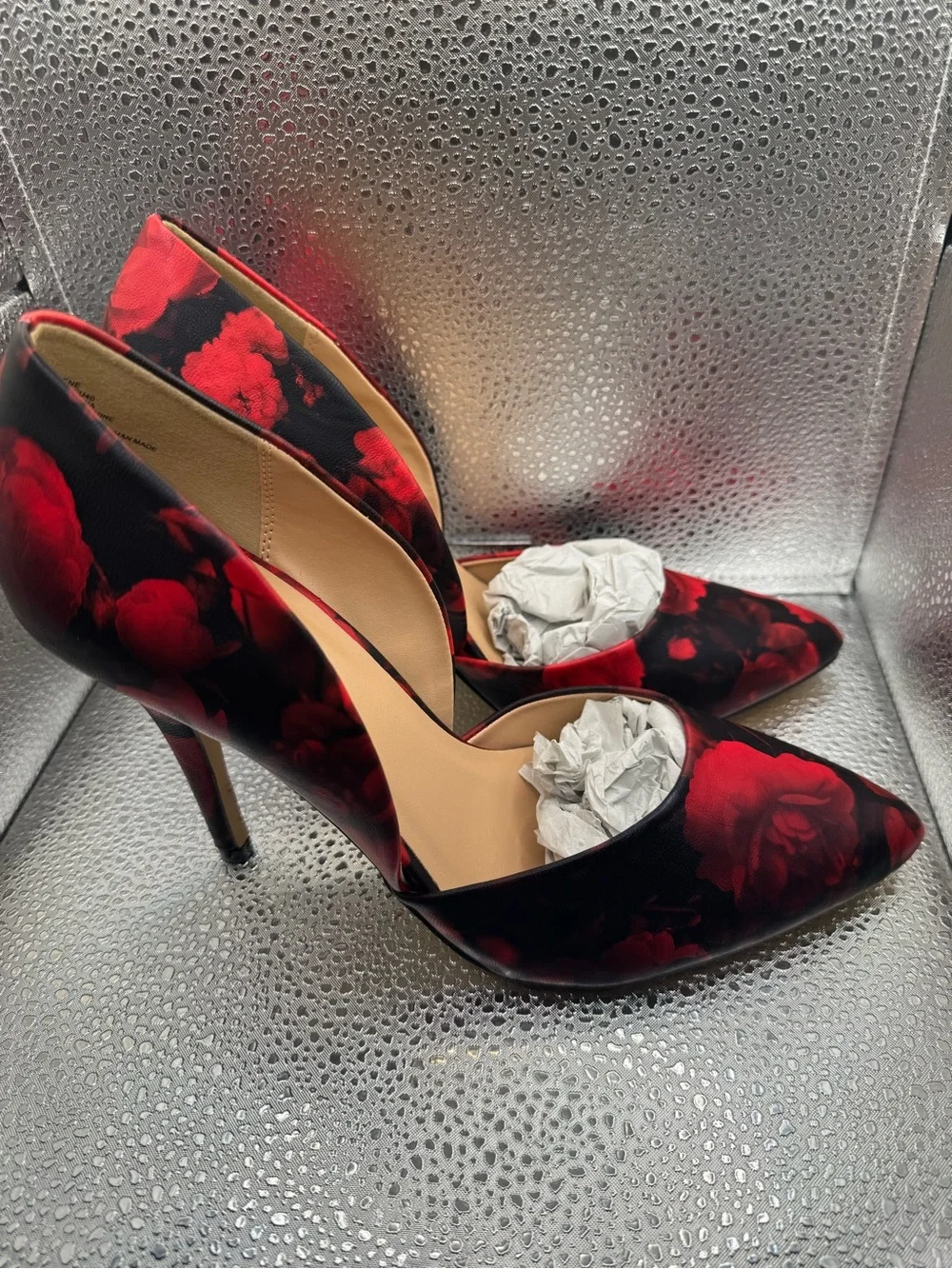 JustFab Black and Red Floral Pointed-Toe D'Orsay Pumps